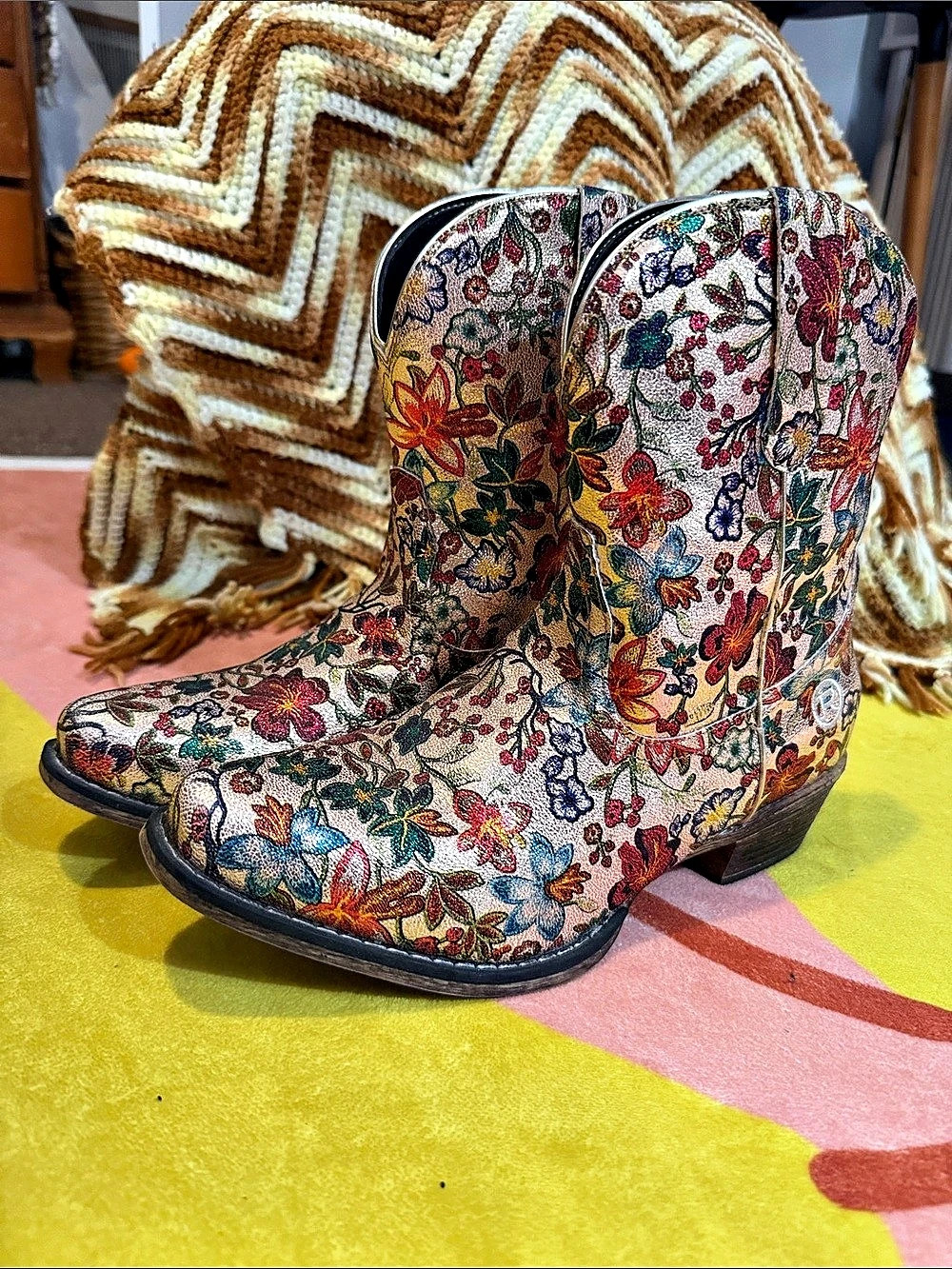 Roper Ingrid Floral Metallic Snip Toe Cowboy Booties Boots Brown US 9